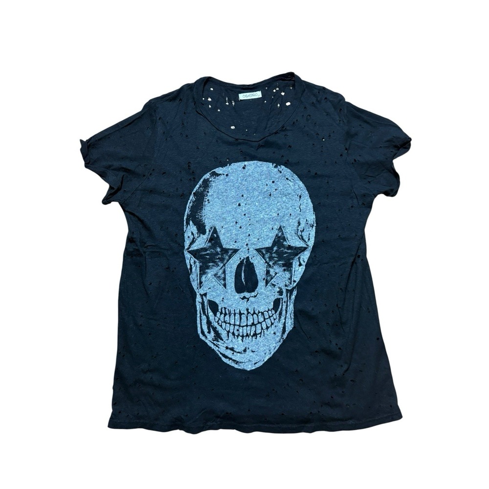 Lauren Moshi Women's Large Black Graphic Tee Distressed Clown Stars Grunge Punk